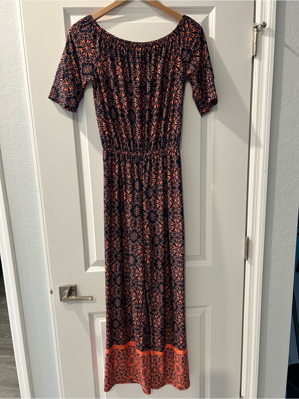 Tacera Navy and Coral Off-Shoulder Patterned Jumpsuit
